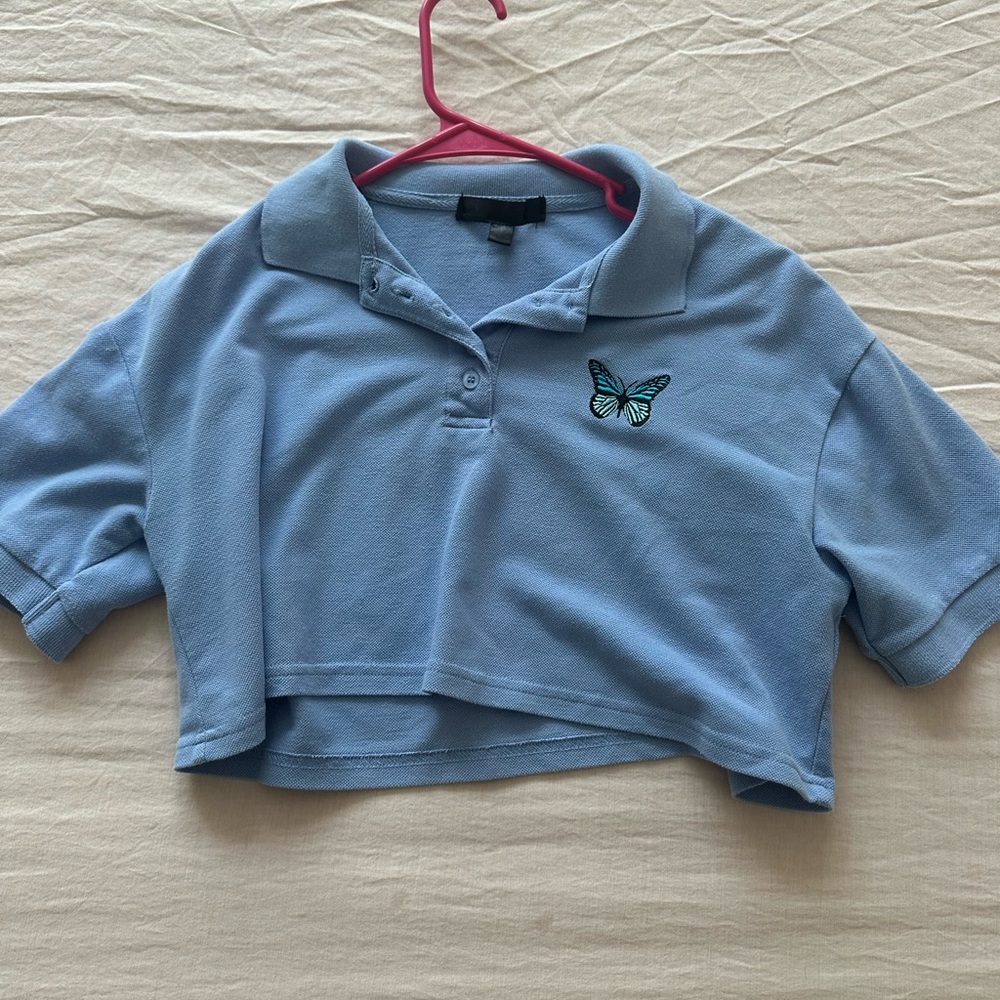Blue Polo Shirt with Butterfly Embroidery